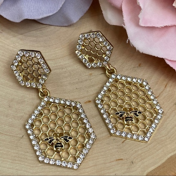 Gold Crystal Honeycomb Earrings with Bumblebee - Picture 7 of 16
